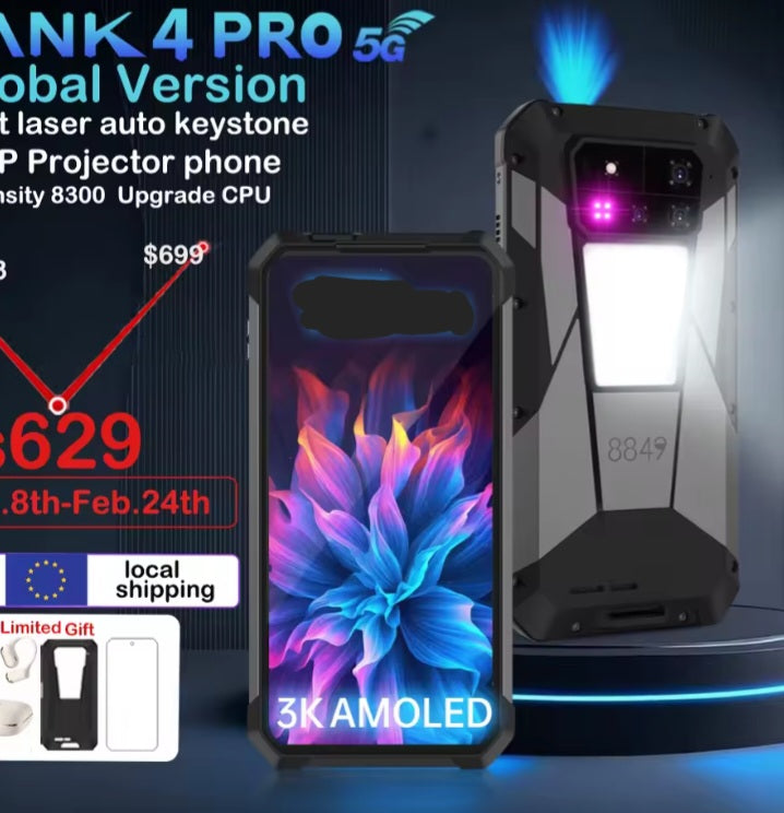 Tank 4 Pro 5G Global Version Rugged Smartphone Facial Recognition & Fingerprint Unlock Function Dust Water & Scratch Resistant HD Screen Super/Fast Charging (RAM 16GB+512GB ROM)smp