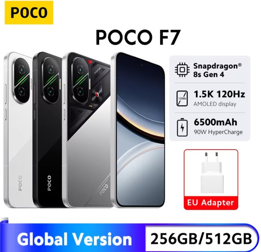 Xiaomi Poco F7 5G Global Version Silver Smartphone Facial Recognition & Fingerprint Unlock Function Dust Water & Scratch Resistant HD Screen Super/Fast Charging (RAM 12GB+256GB ROM) Smartphone. smp