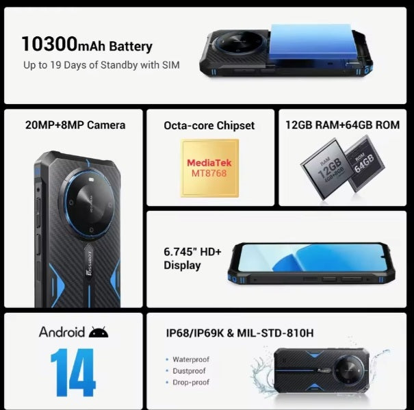 FOSSIBOT F105 Rugged Global Version Blue Smartphone Facial Recognition & Fingerprint Unlock Function Dust Water & Scratch Resistant HD Screen Super/Fast Charging Smartphone smp