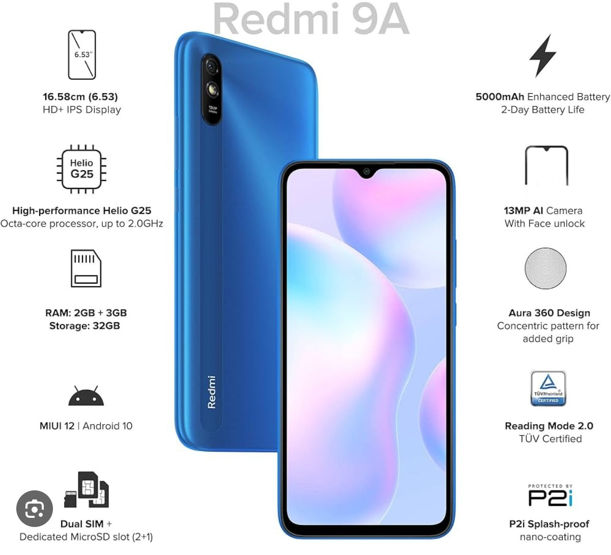 Xiaomi Redmi 9A 4G Global Version Smartphone Facial Recognition Function Dust Water & Scratch Resistant HD Screen Super/Fast Charging (RAM 4GB+64GB ROM) (Black) Smartphone smp