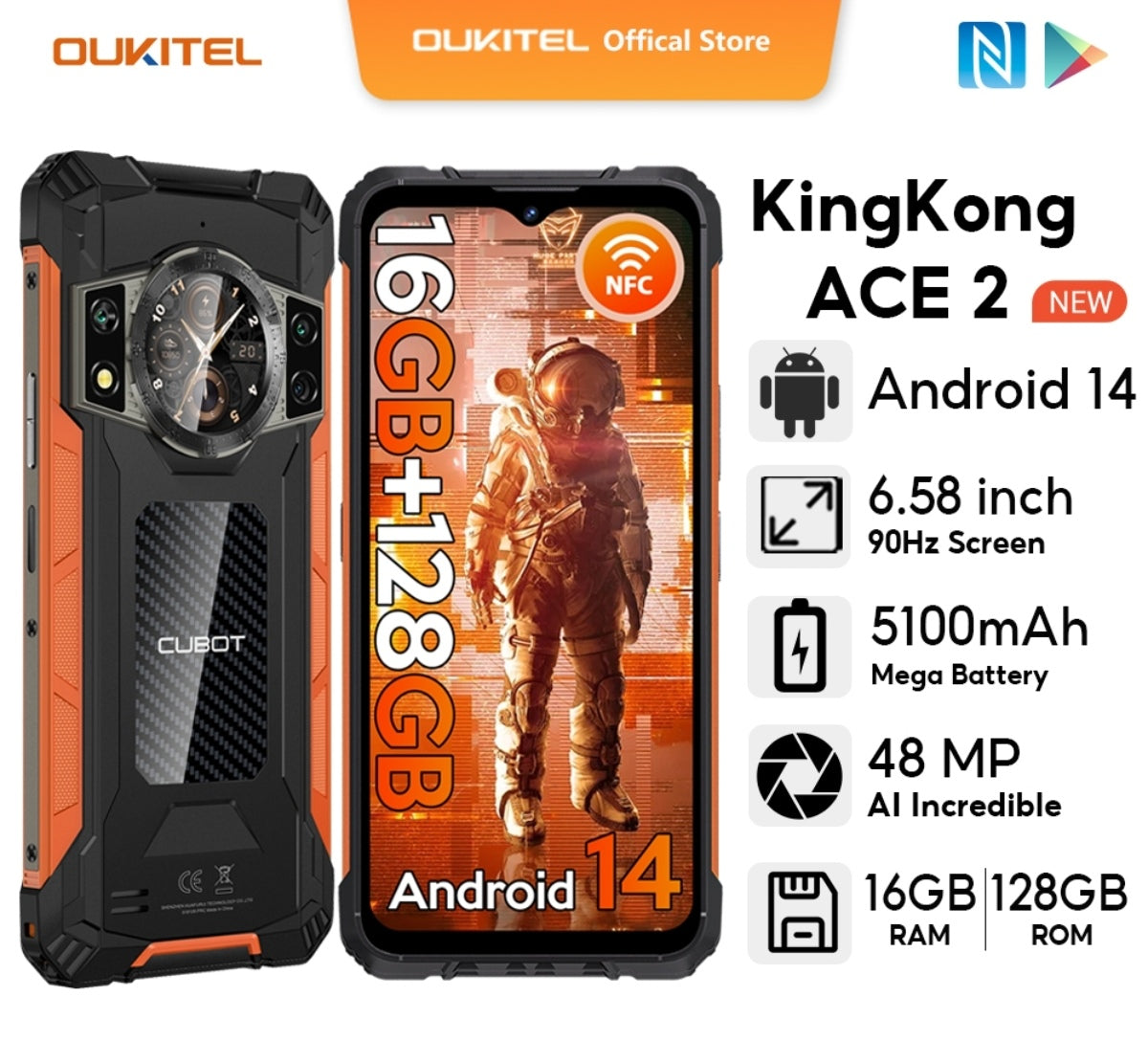 CUBOT Kingkong Ace 2 Waterproof Smartphone Global Version 6.56inch HD Screen (Orange) Smartphone smp