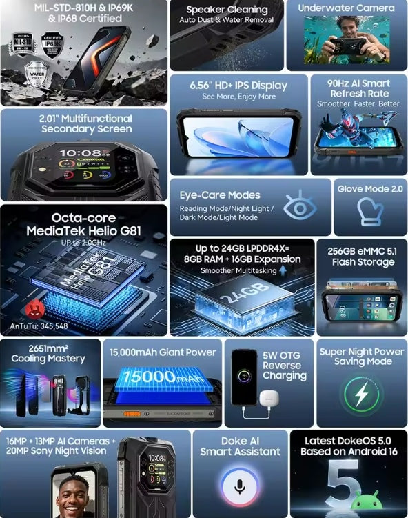 Blackview ROCK 1: 6.56inch HD Screen RAM 8GB+256GB ROM 4G Android 16 Rugged Smartphone + FREE BT Earphones. smp