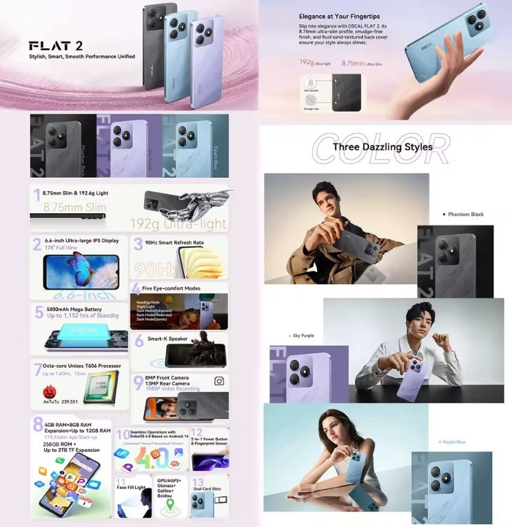 Blackview OSCAL FLAT 2 Smartphone 4G 6.6inch Screen (Ripple Blue) Smartphone + FREE BT Earphones + FREE US Plug Adapter. smp