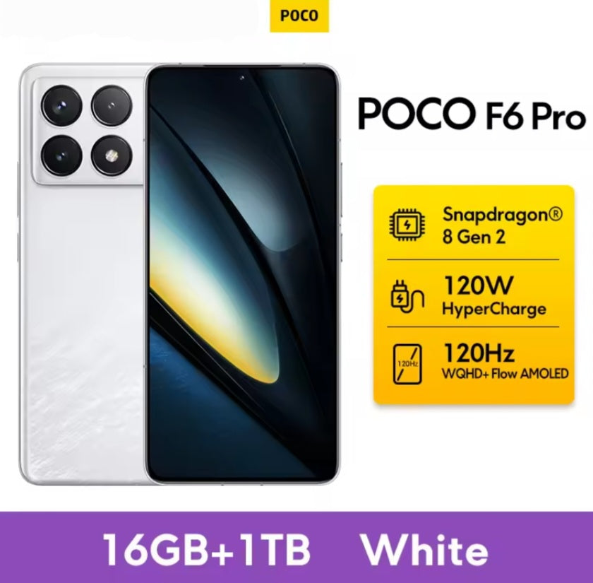 Xiaomi Poco F6 Pro Global Version White Smartphone Facial Recognition & Fingerprint Unlock Function Dust Water & Scratch Resistant HD Screen Super/Fast Charging (RAM 16GB+1TB ROM) Smartphone. smp