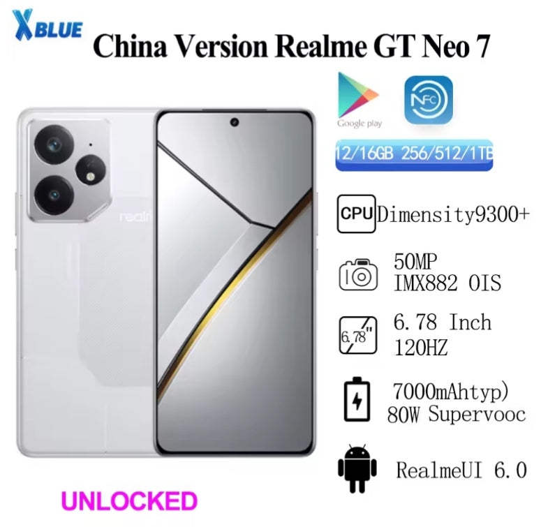 Realme GT Neo 7 Smartphone China Version SuperVooc 6.78inch Screen RAM 12GB+512GB ROM (Blue) Smartphone smp