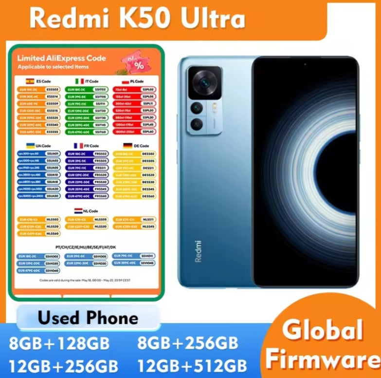 Xiaomi K50 Ultra 5G Global Version Black Smartphone Facial Recognition & Fingerprint Unlock Function Dust Water & Scratch Resistant HD Screen Super/Fast Charging (RAM 8GB+128GB ROM) Smartphone. smp