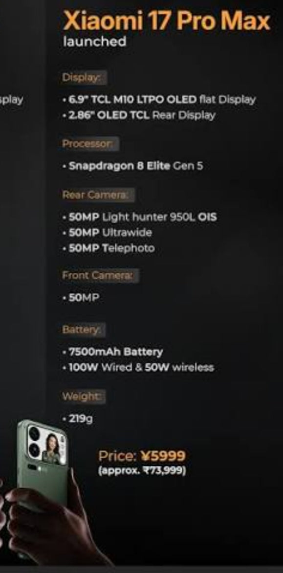 Xiaomi 17 Pro Max Smartphone Chinese Version Water Resistant Snapdragon 8 Elite Gen 5 Super/Fast Charging RAM 12GB+512GB (White) Smartphone smp