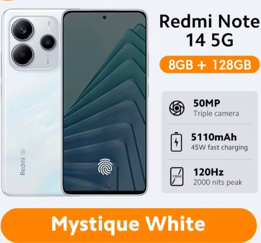 Xiaomi  Redmi Note 14 5G Global Version White Smartphone Facial Recognition & Fingerprint Unlock Function Dust Water & Scratch Resistant HD Screen Super/Fast Charging (RAM 8GB+128GB) Smartphone smp