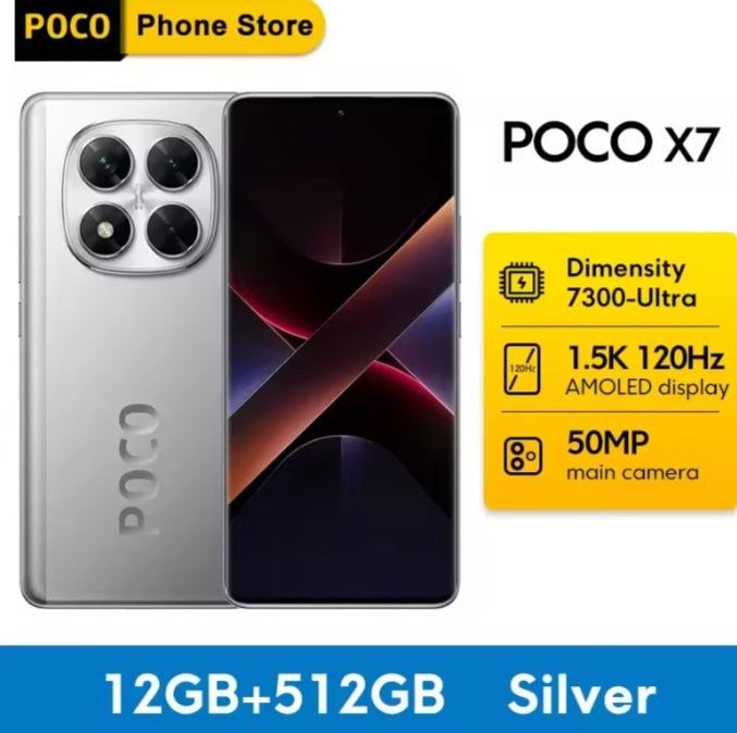 Xiaomi Poco X7 5G Global Version Silver Smartphone Facial Recognition & Fingerprint Unlock Function Dust Water & Scratch Resistant HD Screen Super/Fast Charging (RAM 12GB+512GB ROM) Smartphone. smp
