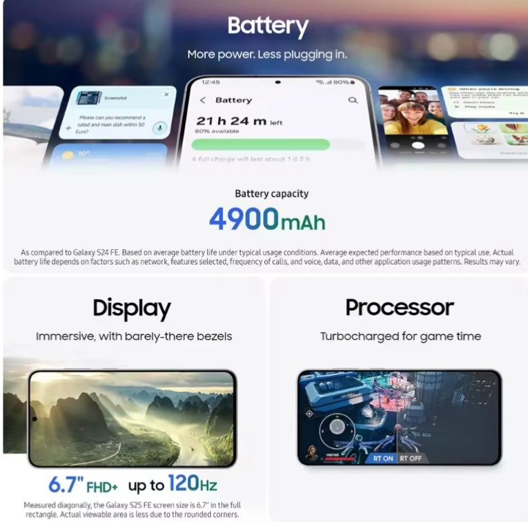 Samsung Galaxy S25 FE Smartphone Samsung Exynos 2400 Global Version 6.7inch HD Screen RAM 8GB+256GB ROM (White) Smartphone smp