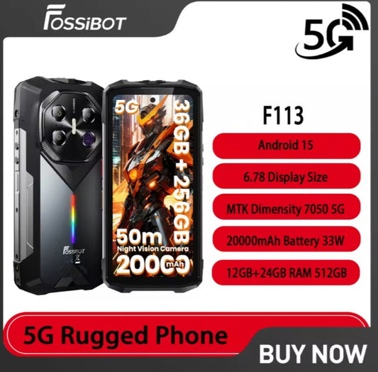 FOSSIBOT F113 5G Rugged US/EUR Version Smartphone Facial Recognition & Fingerprint Unlock Function Dust Water & Scratch Resistant HD Screen Super/ Fast Charging Smartphone smp