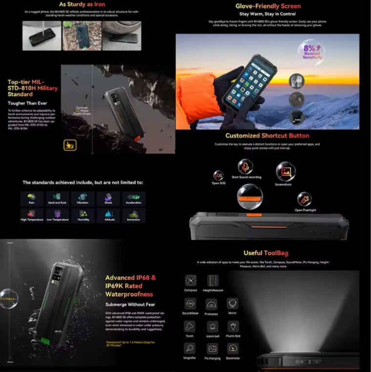 Blackview BV4800 SE Rugged 4G Android 15 Smartphone 6.56inch HD Screen RAM 4GB+64GB ROM (Orange) Smartphone smp