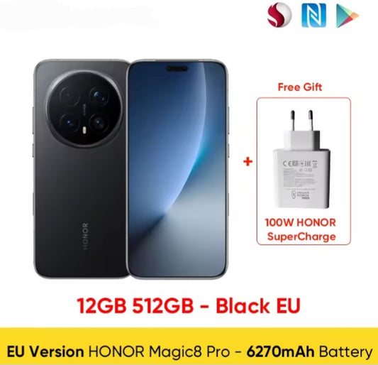 Honor Magic 8 Pro EU Version Black Smartphone Facial Recognition & Fingerprint Unlock Function Dust Water & Scratch Resistant HD Screen Super/Fast Charging Smartphone + FREE Gift Plug Adaptor smp