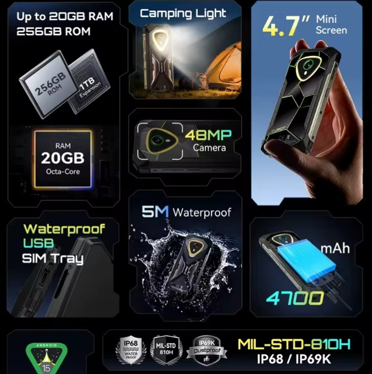 CUBOT KingKong MINI 4 Rugged Waterproof Smartphone Global Version HD Screen Super/Fast Charging RAM 6GB+128GB ROM (Green) Smartphone smp