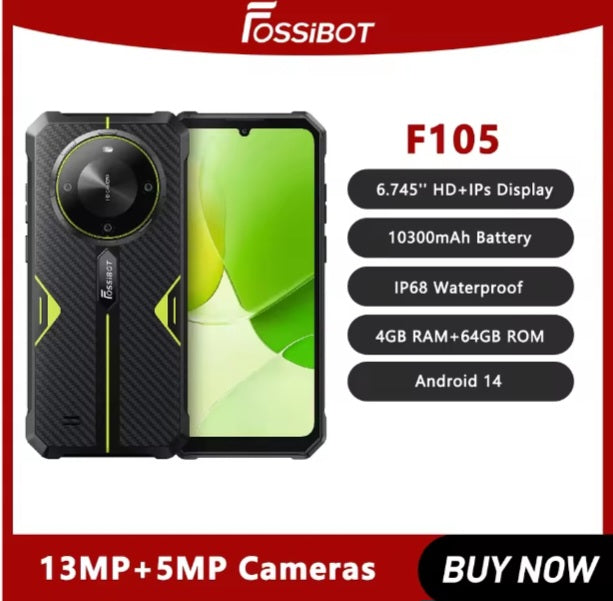 FOSSIBOT F105 Rugged Global Version Blue Smartphone Facial Recognition & Fingerprint Unlock Function Dust Water & Scratch Resistant HD Screen Super/Fast Charging Smartphone smp