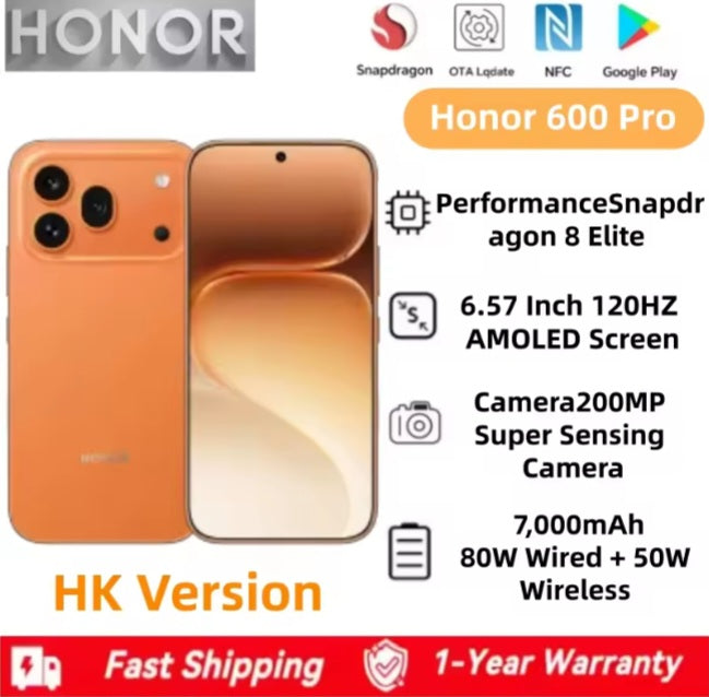 Honor 600 Pro Hong Kong Version Orange Smartphone Dust Water & Scratch Resistant HD Screen Super/Fast Charging Smartphone (RAM 12GB+512GB ROM). smp