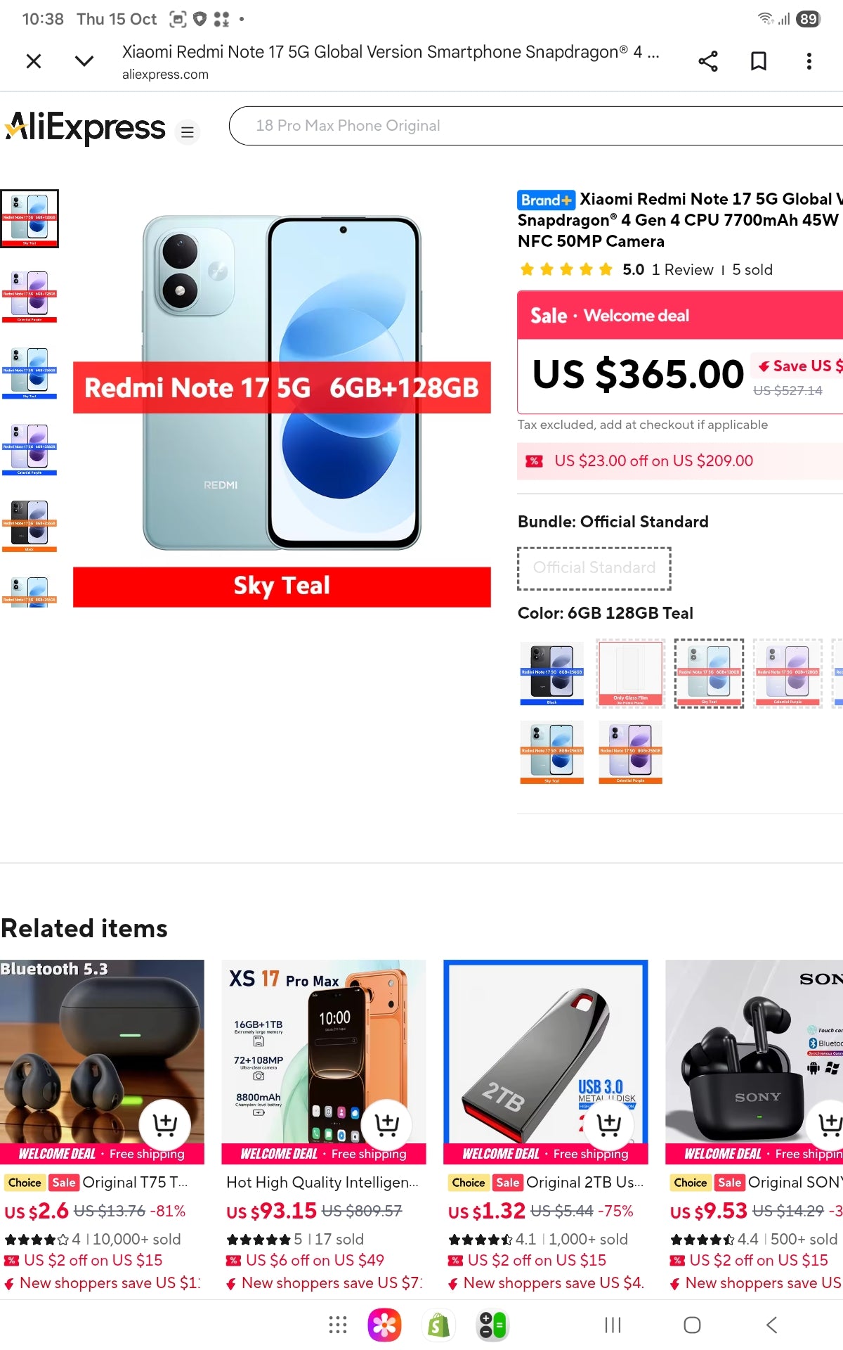 Xiaomi Redmi Note 17 5G Global Version Teal Smartphone Dust Water & Scratch Resistant HD Screen Super/Fast Charging Smartphone (RAM 6GB+256GB ROM). smp