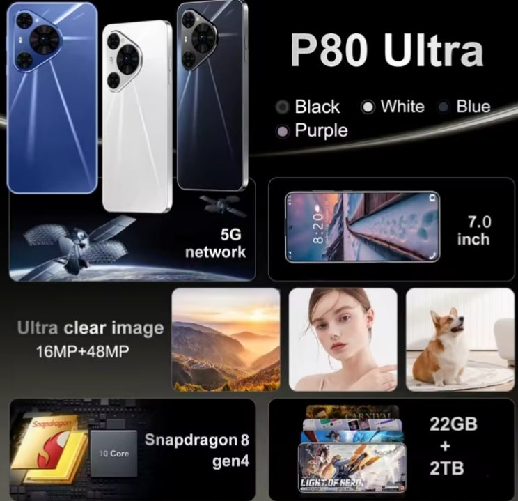 2026 HOT New P80 Ultra 7.0inch HD 4K 4G 5G Android 22GB+2TB (Black) Smartphone smp