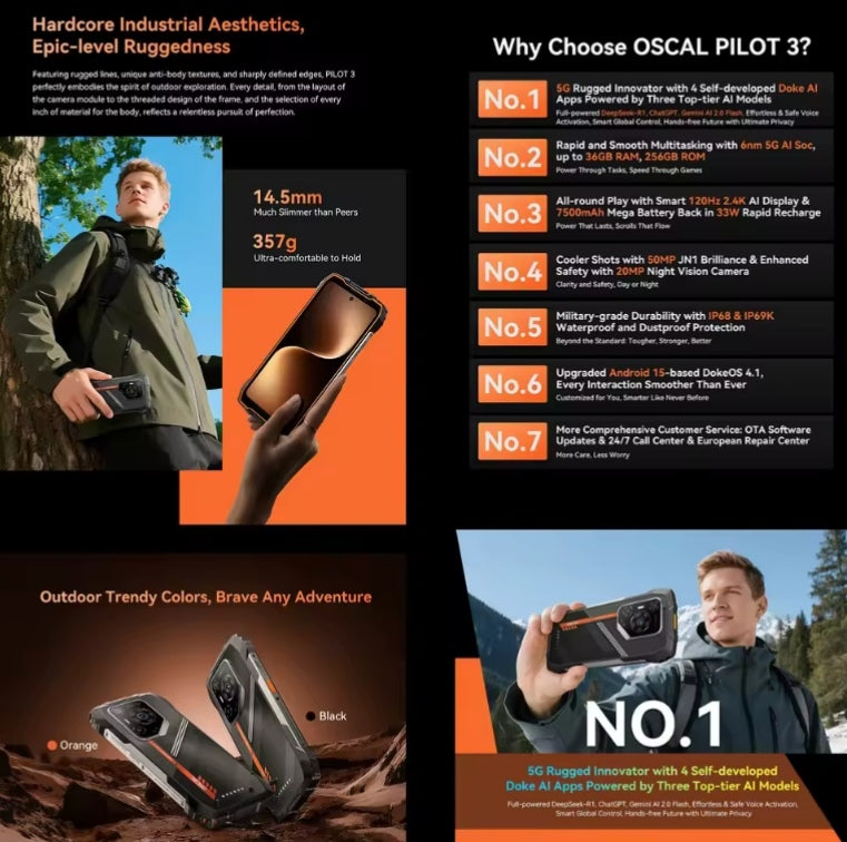 Blackview OSCAL Pilot 3 5G Rugged Android 15 (Black) Smartphone + FREE BT Earphones + FREE US Plug Adapter. smp