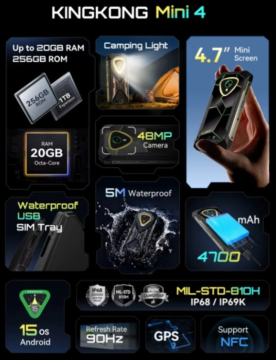 CUBOT KingKong MINI 4 NFC Rugged Waterproof Smartphone Global Version HD Screen Super/Fast Charging RAM 8GB+256GB ROM (Black) Smartphone smp