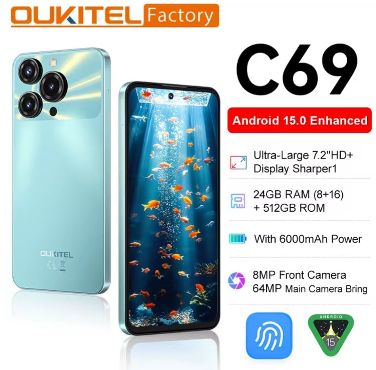 OUKITEL C69 Smartphone Global Version HD Screen Super/Fast Charging RAM 8GB+256GB ROM (Green) Smartphone smp
