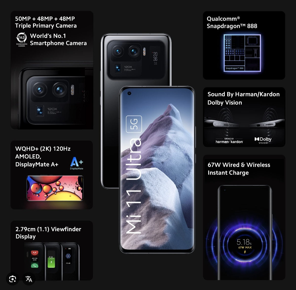 Xiaomi 11 Ultra 5G Chinese Version Black Smartphone Dust Water & Scratch Resistant HD Screen Super/Fast Charging Smartphone (RAM 12GB+512GB ROM). smp