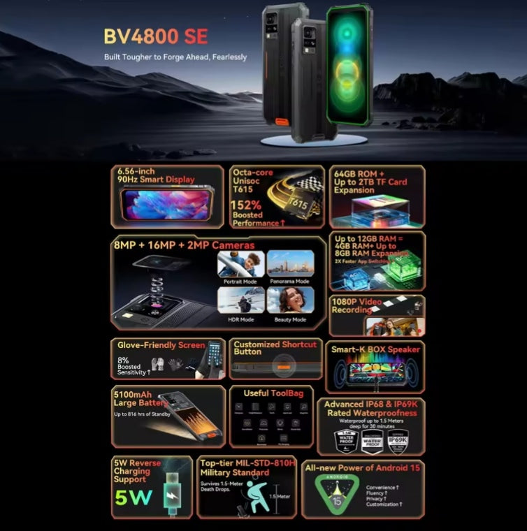 Blackview BV4800 SE Rugged 4G Android 15 Smartphone 6.56inch HD Screen RAM 4GB+64GB ROM (Orange) Smartphone smp