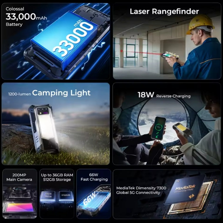 OUKITEL WP100 Rugged Phone Laser Rangefinder Camping Light 6.8inch HD Screen RAM 36GB+512GB ROM Smartphone smp