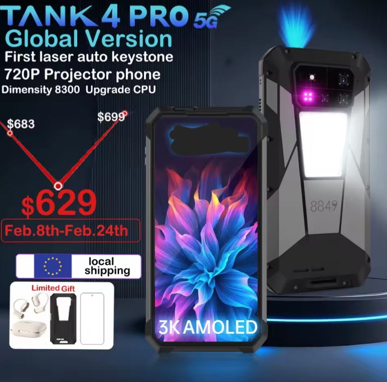 Tank 4 Pro 5G Global Version Rugged Smartphone Facial Recognition & Fingerprint Unlock Function Dust Water & Scratch Resistant HD Screen Super/Fast Charging (RAM 18GB+512GB ROM) Smartphone smp
