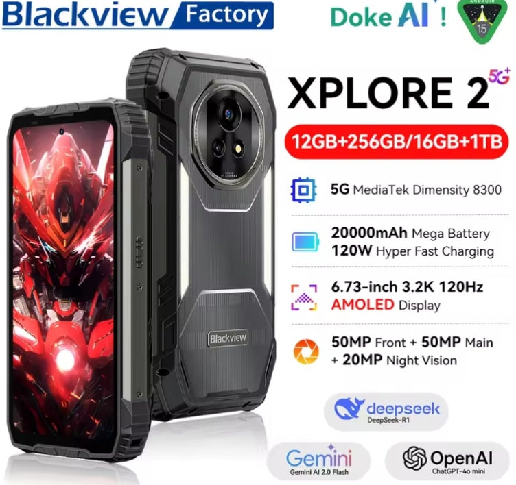 Blackview XPLORE 2 5G Rugged Smartphone 6.73inch HD Screen RAM 16GB+1TB ROM Global Version Android 15 (Black) Smartphone +1 FREE W80Pro Smartwatch. smp