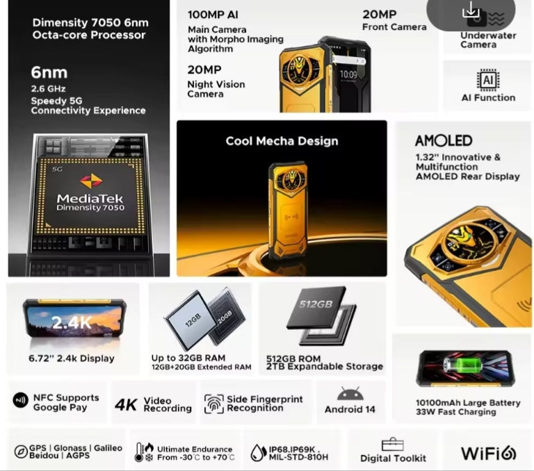 DOOGEE S200 X Rugged Waterproof Smartphone Global Version HD Screen Super/Fast Charging (Yellow) Smartphone smp