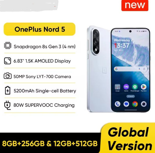 OnePlus Nord 5 Global Version Smartphone Snapdragon 8s Gen 3 OxygenOS 15 Screen 6.83inches RAM 8GB+256GB ROM (Grey, White or Blue) Smartphone smp