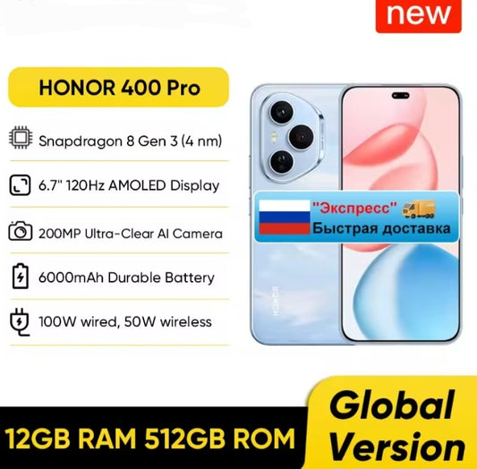 Honor 400 Pro 5G Global Version Ru Ship Blue Smartphone Facial Recognition & Fingerprint Unlock Function Dust Water & Scratch Resistant HD Screen Super/Fast Charging Smartphone smp