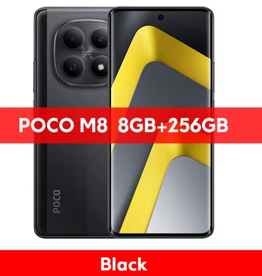 Xiaomi Poco M8 5G Global Version Black Smartphone Facial Recognition & Fingerprint Unlock Function Dust Water & Scratch Resistant HD Screen Super/Fast Charging (RAM 8GB+256GB ROM) Smartphone. smp