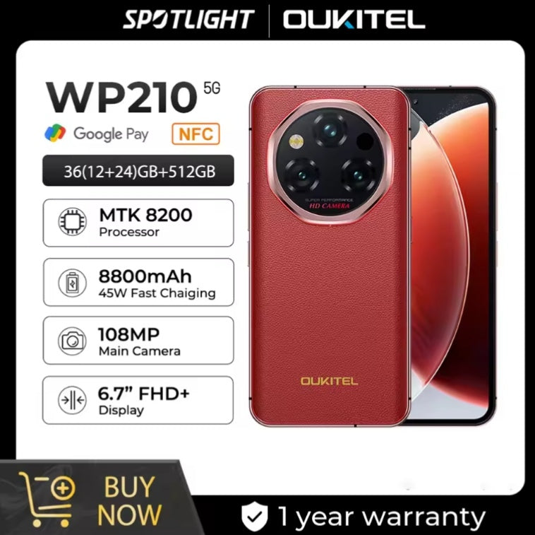 OUKITEL WP210 Rugged 5G Android 15 Smartphone 6.7inch HD RAM 36GB+ROM 512GB 6.7inch HD Screen (Red) Smartphone smp