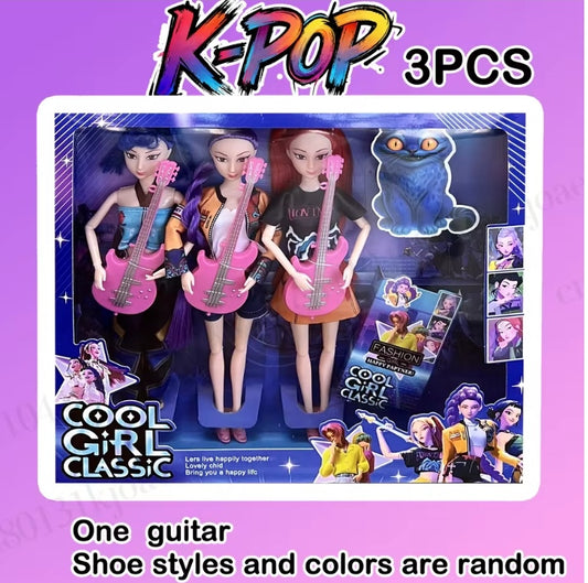 KPop Demon Hunters Character Figures, Dolls, 3 Piece Set & 1 Guitar dll tys