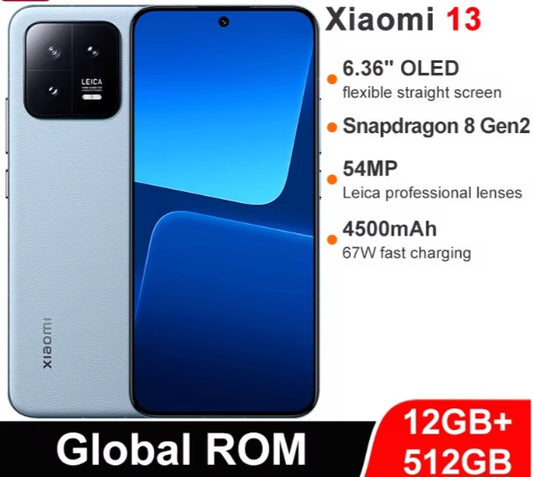 Xiaomi 13 Chinese/Global Version Blue Smartphone Facial Recognition & Fingerprint Unlock Function Dust Water & Scratch Resistant HD Screen Super/Fast Charging (RAM 12GB+512GB ROM) Smartphone. smp
