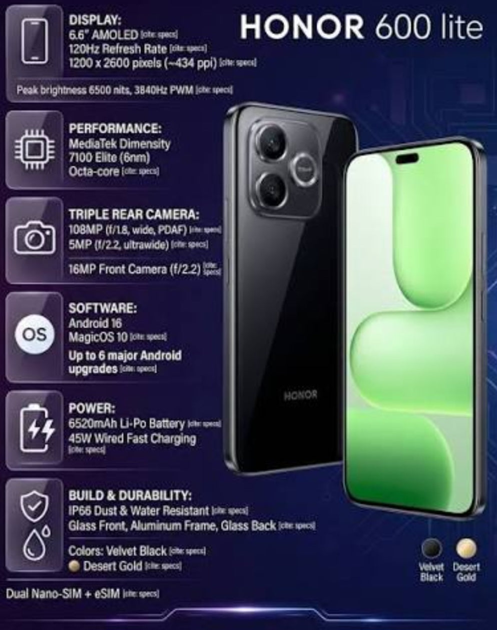Honor 600 Lite UK Version Gold Smartphone Dust Water & Scratch Resistant HD Screen Super/Fast Charging Smartphone (RAM 8GB+256GB ROM). smp