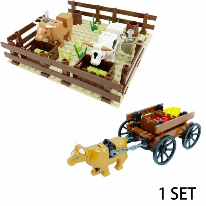 Children's Farm Set Stable Horse & Cart Building Blocks Set Toys tys bbs