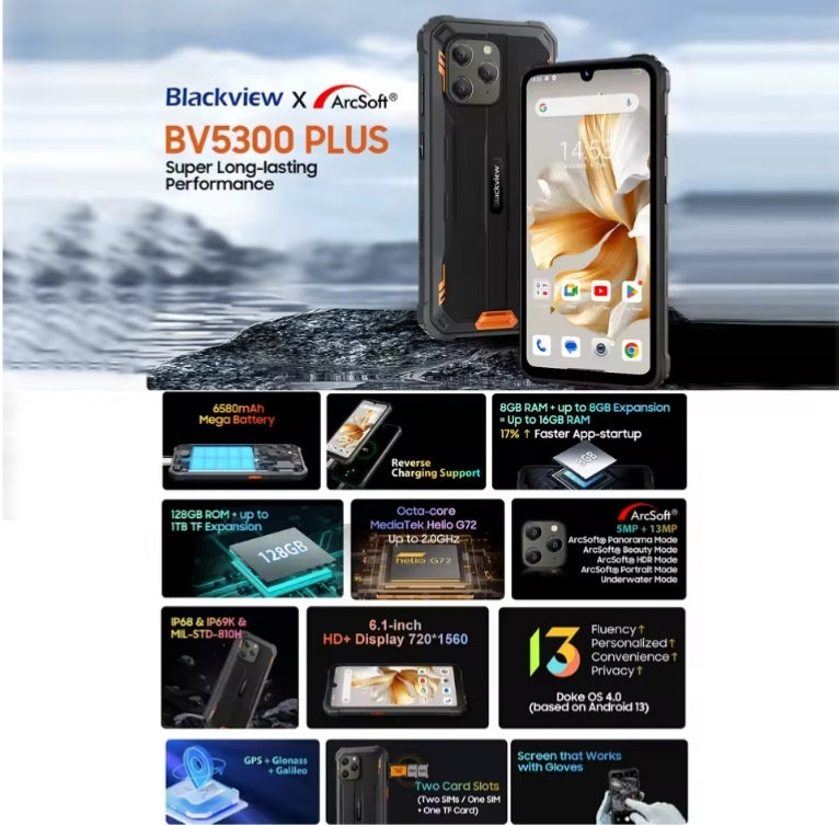 Blackview BV5300 Plus Rugged 4G Android 13 Smartphone 6.1inch HD Screen (Black) Smartphone + FREE Bluetooth Earphones + FREE US Plug Adapter + FREE Gift. smp