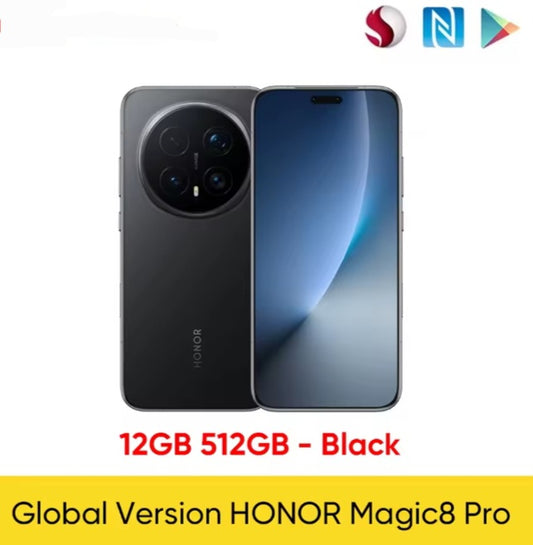 Honor Magic 8 Pro Global Version Sunrise Black Smartphone Facial Recognition & Fingerprint Unlock Function Dust Water & Scratch Resistant HD Screen Super/Fast Charging Smartphone + FREE Gift Plug Adaptor smp