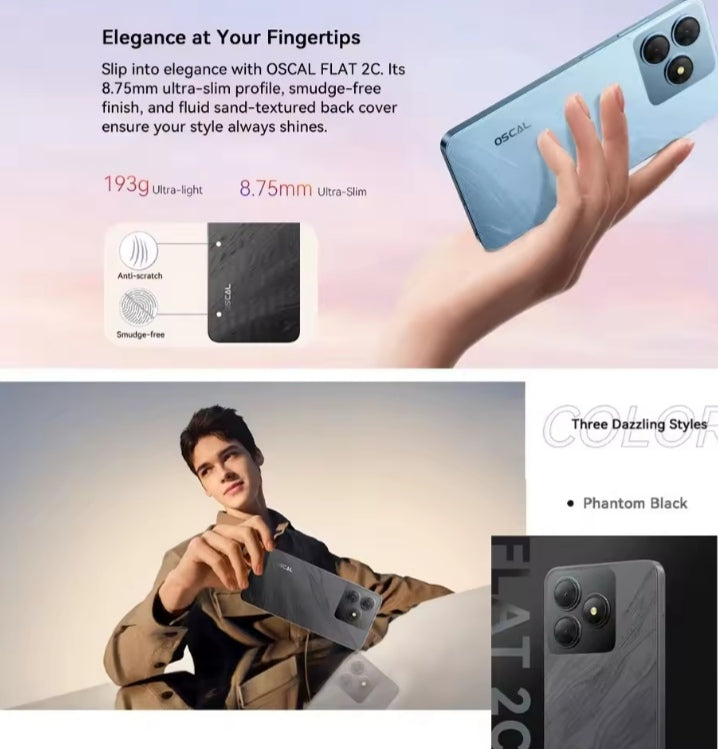 Blackview Oscal FLAT 2C 4G Android 14 Smartphone 6.56inch Screen RAM 4GB+64GB ROM (Black) Smartphone + FREE BT Earphones +FREE US Plug Adapter smp