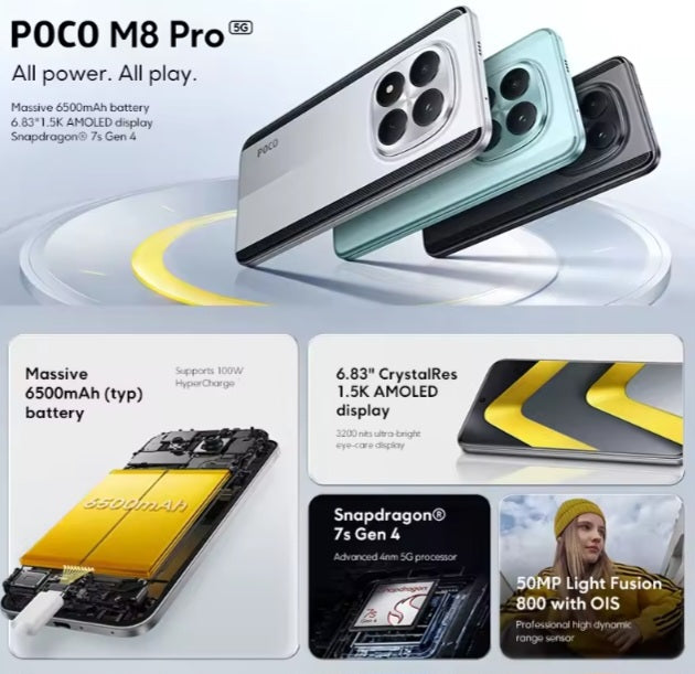 Xiaomi Poco M8 Pro 5G Global Version Black Smartphone Facial Recognition & Fingerprint Unlock Function Dust Water & Scratch Resistant HD Screen Super/Fast Charging (RAM 8GB+256GB ROM) Smartphone + FREE Gift. smp