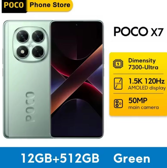 Xiaomi Poco X7 5G Global Version Green Smartphone Facial Recognition & Fingerprint Unlock Function Dust Water & Scratch Resistant HD Screen Super/Fast Charging (RAM 12GB+512GB ROM) Smartphone + FREE Gift. smp