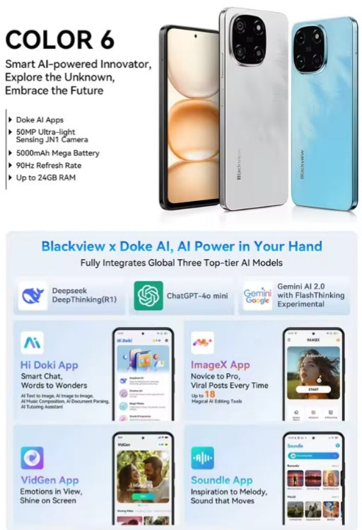 Blackview COLOR 6 4G Android 15 Smartphone 6.67inch Screen 256G ROM Smartphone + FREE BT Earphones + FREE US Plug Adapter. smp