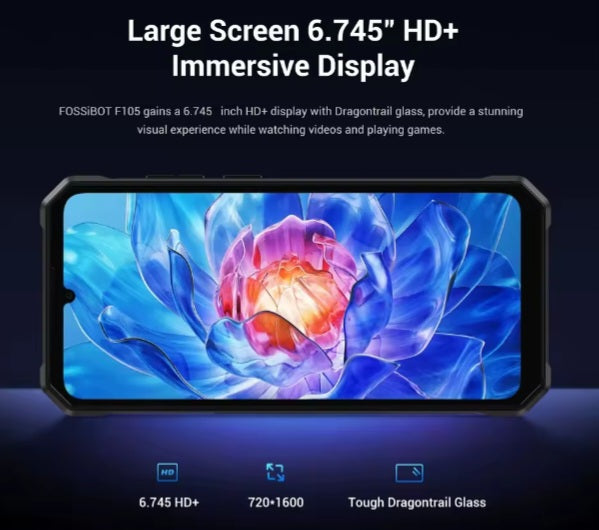 FOSSIBOT F105 Rugged Global Version Gray Smartphone Facial Recognition & Fingerprint Unlock Function Dust Water & Scratch Resistant HD Screen Super/Fast Charging Smartphone smp