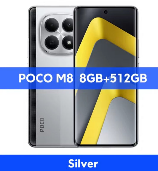 Xiaomi Poco M8 5G Global Version Silver Smartphone Facial Recognition & Fingerprint Unlock Function Dust Water & Scratch Resistant HD Screen Super/Fast Charging (RAM 8GB+512GB ROM) Smartphone. smp