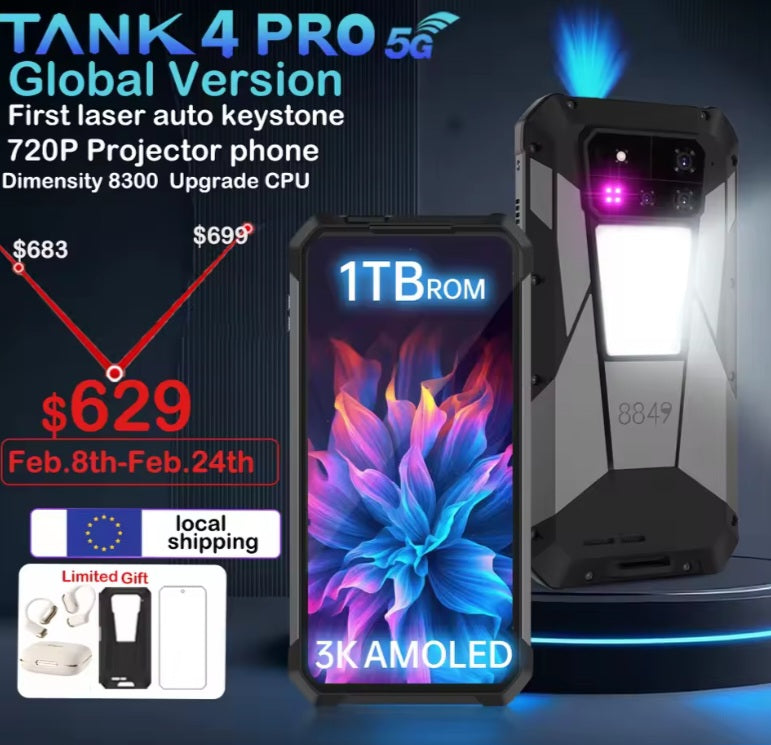 Tank 4 Pro 5G Global Version Rugged Smartphone Facial Recognition & Fingerprint Unlock Function Dust Water & Scratch Resistant HD Screen Super/Fast Charging (RAM 18GB+1TB ROM) Smartphone smp