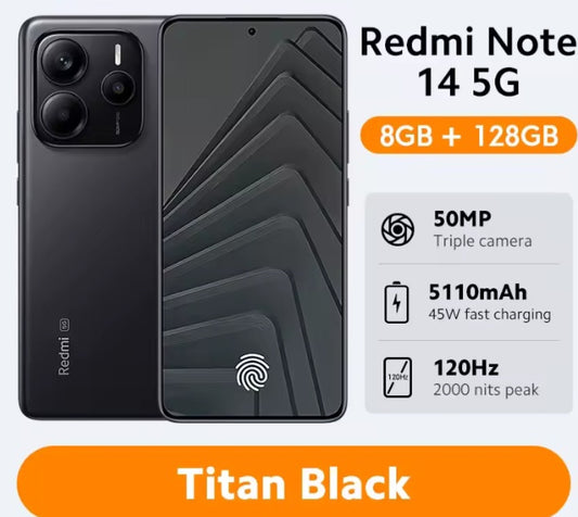 Xiaomi  Redmi Note 14 5G Global Version Black Smartphone Facial Recognition & Fingerprint Unlock Function Dust Water & Scratch Resistant HD Screen Super/Fast Charging (RAM 8GB+128GB) Smartphone smp