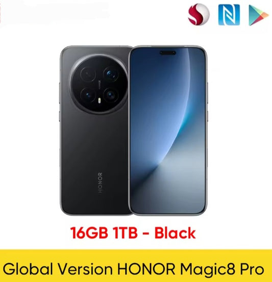 Honor Magic 8 Pro Global Version Black Smartphone Facial Recognition & Fingerprint Unlock Function Dust Water & Scratch Resistant HD Screen Super/Fast Charging Smartphon smp